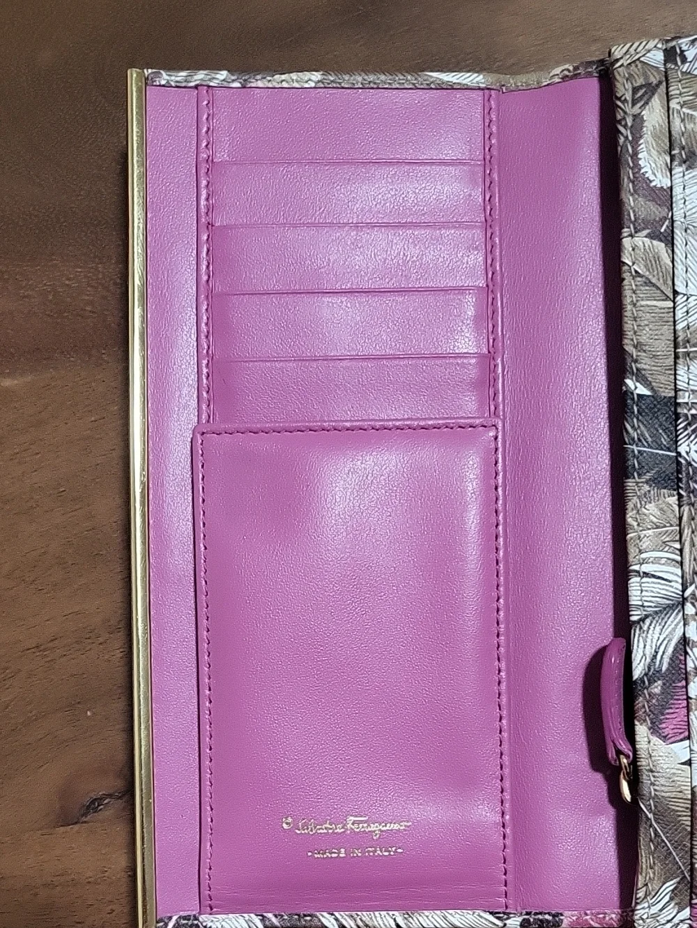 Salvatore Ferragamo Feather Print Leather Wallet in Brown, Pink & Cream - Picture 11 of 16